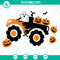 Halloween monster truck SVG with pumpkin and ghost, perfect for boys Halloween theme. Ideal for crafting projects.