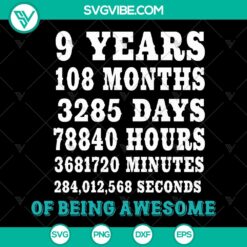 9th Birthday SVG DXF PNG - Birthday Countdown, Awesome 9 Years Old Gift