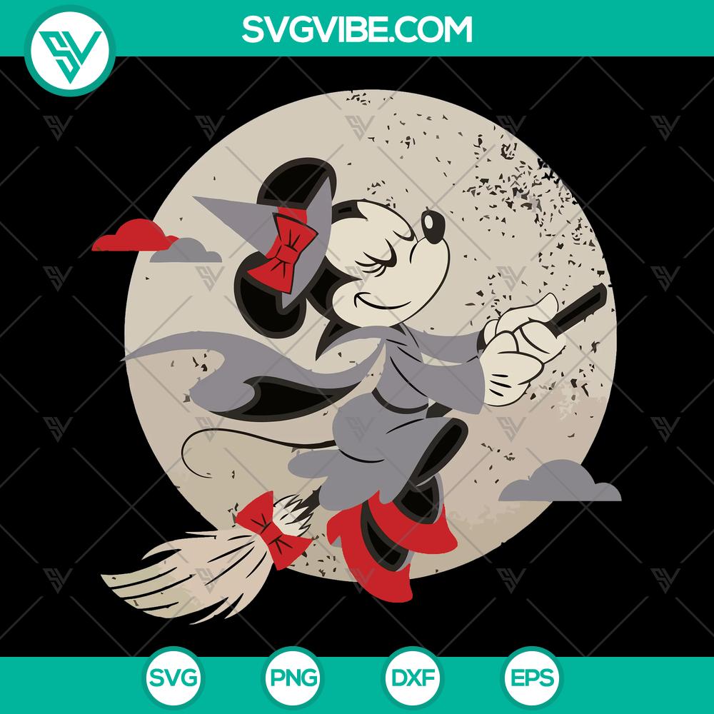 mockup-294006772.jpg Disney Minnie Mouse witch costume SVG for Halloween, featuring Minnie Mouse flying on a broomstick. Instant download design.