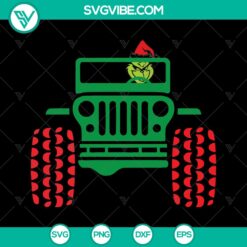 Grinch Santa driving Jeep SVG for Cricut & Silhouette, perfect for Christmas crafts and projects.
