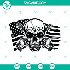 USA patriotic plumber skull with pipe wrench design, SVG file for instant download.