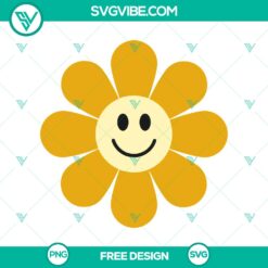 Retro smiley flower SVG cut file featuring a free vintage design for crafting and DIY projects. Bright and cheerful 70s inspired graphic.