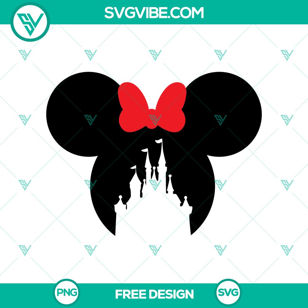 Minnie Head Disney Castle SVG Cut File – Free Magical Disney Design Minnie Mouse head silhouette with Disney castle, SVG cut file. Free magical design for Disney lovers.