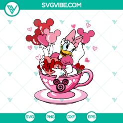 Disney Daisy Duck Valentine themed balloon and tea cup digital design in SVG, DXF, EPS, and PNG formats for crafting.