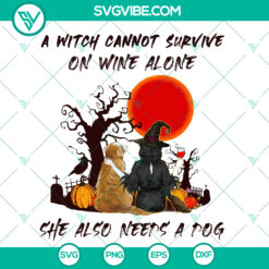 Halloween witch, wine glass, and dog silhouette SVG cut files for Cricut, ideal for Halloween crafting projects.