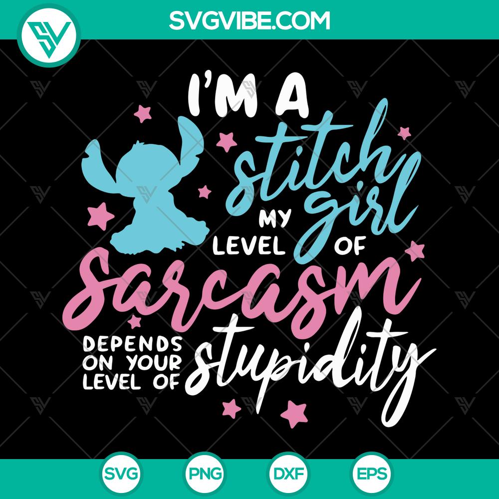 mockup-488121837.jpg Sassy Lilo and Stitch SVG design featuring "Sarcasm Level vs Stupidity" for a fun shirt, great for Disney fans.
