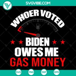 "Humorous Biden SVG design with text 'America SVG Whoever Voted Biden Owes Me Gas Money'. Perfect for patriotic supporters. Funny political design."