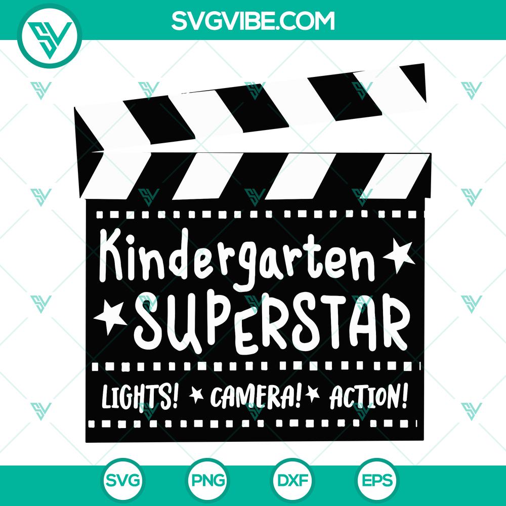 mockup-541500224.jpg Kindergarten superstar clapperboard SVG design with Hollywood back to school star theme, perfect for crafts and school projects.
