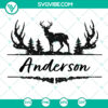 Distressed deer hunting frame SVG with rifle hunter, pine trees, and space for monogram initials - cut file for crafts.