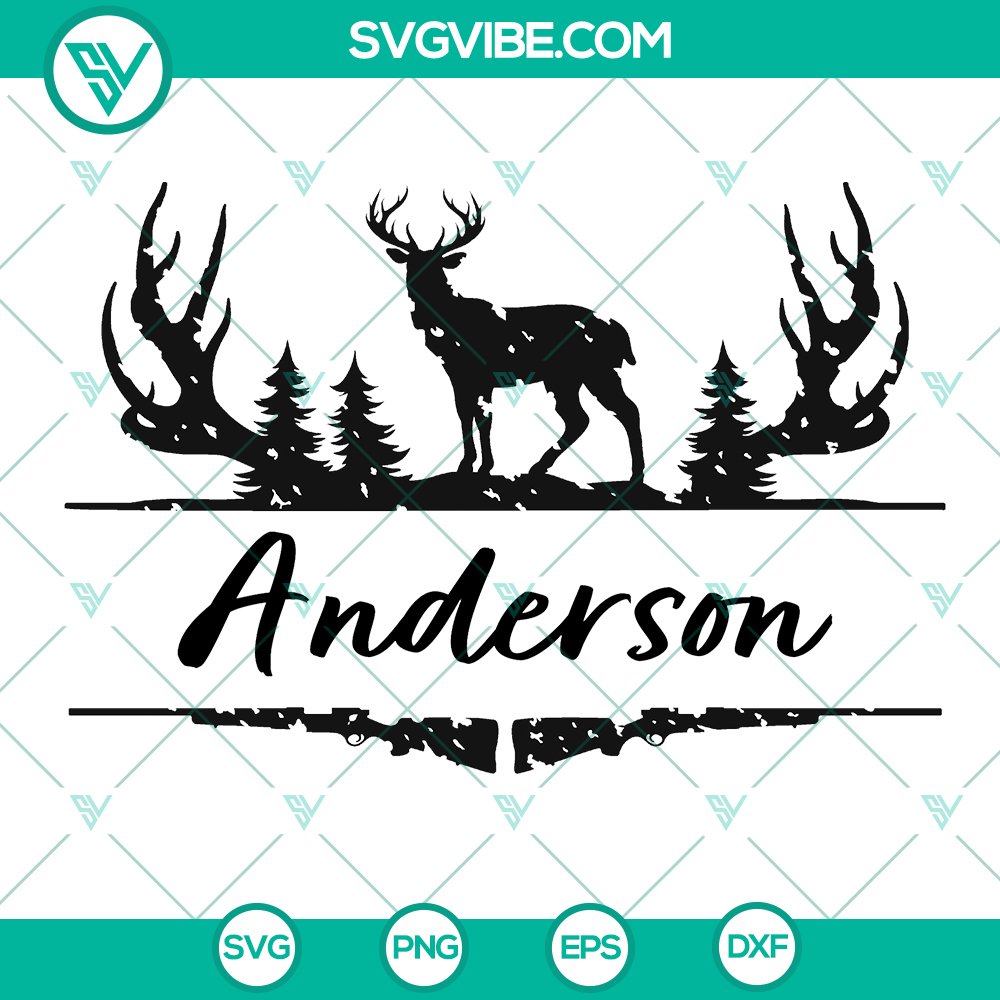 mockup-546146940.jpg Distressed deer hunting frame SVG with rifle hunter, pine trees, and space for monogram initials - cut file for crafts.