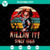 Chucky horror movie SVG design, instant download, showcasing iconic killer doll character since 1988. Perfect for horror fans.