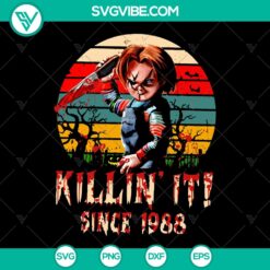 Chucky horror movie SVG design, instant download, showcasing iconic killer doll character since 1988. Perfect for horror fans.