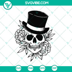 Halloween skull with top hat and flowers SVG file, steampunk gothic witchy design for instant download.