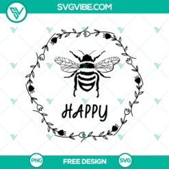 Cheerful nature-themed Bee Happy Wreath SVG cut file, perfect for crafting projects. Free download available.