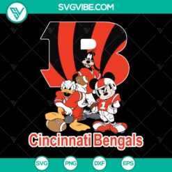 Cincinnati Bengals cartoon movie SVG featuring Donald Duck, Mickey Mouse, and Pluto in Bengals team design.