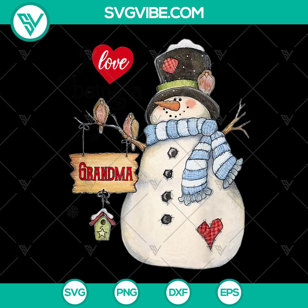 mockup-710324920.jpg Snowman Christmas PNG with "I Love Being A Grandma" text. Festive holiday design for instant download. Great for digital projects and gifts.