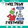 Grinch-themed Bud Light SVG design for Christmas, with text "I Will Drink Bud Light Here Or There", perfect for beer lovers.