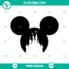 Disney castle with Mickey Mouse head silhouette SVG cut file, perfect for DIY projects. Free download magical character design.