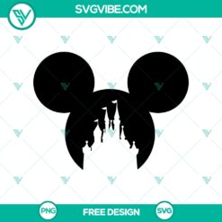 Disney castle with Mickey Mouse head silhouette SVG cut file, perfect for DIY projects. Free download magical character design.