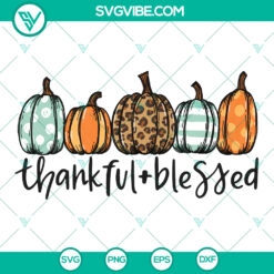 Halloween themed thankful and blessed sublimation design with autumn leopard pumpkin patchwork motif in SVG and PNG formats for instant download.