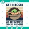 Chicky Nuggies Baby Yoda SVG design for a Chicken Nuggets Song Shirt, perfect for Cricut Files. A cute and trendy graphic for crafting projects.