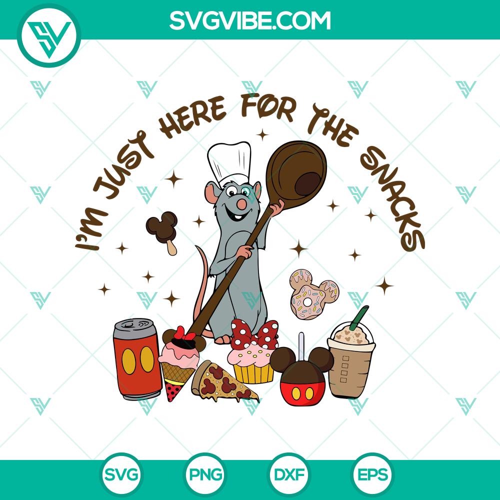 mockup-759929119.jpg Remy Ratatouille SVG design with "I'm Just Here for the Snacks" text, available in DXF, EPS, and PNG formats for download.