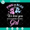 Funny gender reveal SVG design with pink and blue love you text, suitable for boy or girl neutral themes, EPS format, instant download.