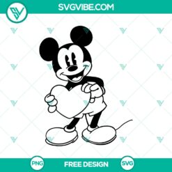 Mickey Mouse holding heart SVG cut file design for love-themed projects. Free download. Ideal for Disney fans and crafters.