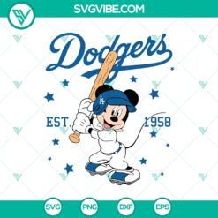 Vintage Mickey Mouse Dodgers baseball design in SVG, DXF, EPS, PNG files for 1958 sports fans.