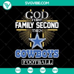 God First Family Second Cowboys Football SVG - a silhouette cut file design for fans, featuring a football and text. Perfect for crafting projects.