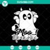 Spooky Halloween SVG with "Moo ..! Mean Boo" text design, perfect for Halloween crafts and decorations.