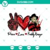 Peace Love Freddy SVG featuring Freddy Krueger, Halloween themed design for crafting and decoration.