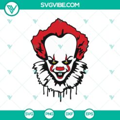 Pennywise face SVG design with horror characters from IT movies, ideal for Halloween crafts and decor.