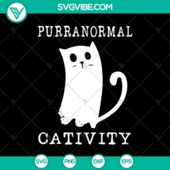 Spooky black cat SVG design for Halloween, Purranormal Cativity theme, perfect for DIY crafts and decorations.