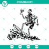 Skeleton surfing on a vacation themed SVG design, ideal for funny Halloween crafts and projects.