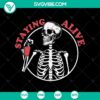 Staying Alive Skeleton Drink Coffee SVG, ideal for Halloween designs featuring a spooky skeleton enjoying a cup of coffee.
