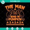 Spooky Halloween design with a man behind a pumpkin in a horror SVG graphic. Great for Halloween crafts and decorations.