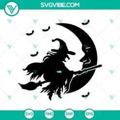 Halloween witch flying in front of a full moon, horror-themed SVG design for Halloween projects.