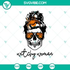 Witchy Woman SVG and Skull Messy Bun Halloween design with witch hat, skulls, and messy bun hairstyle for spooky crafts.